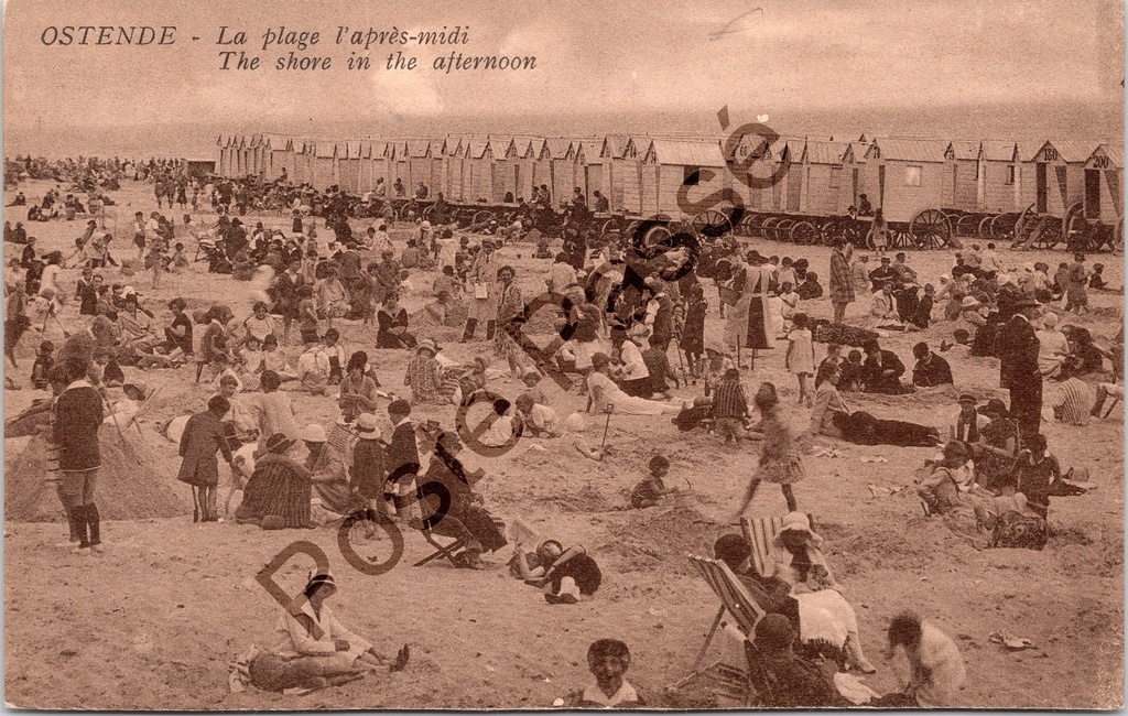 [Oostende0390.jpg] Oostende - "La plage l'après-midi" - Het strand in de namiddag met badkarren