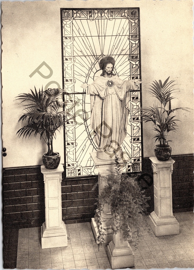 [Aalst0296.jpg] Aalst - "De grote Opvoeder / L'Educateur-Modèle" - Sacré-Cœurbeeld met glas-in-loodpaneel, Instituut St-Vincentius à Paulo, Gijzegem