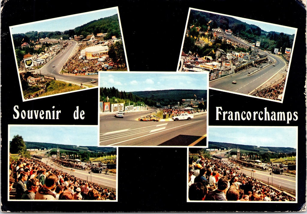 [Spa1091] Spa - "Souvenir de Francorchamps" - Vijf luchtfoto's van het Circuit de Spa-Francorchamps met races en toeschouwers