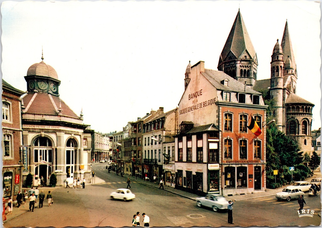 [Spa1107] Spa - « Place Pierre Le Grand à Pouhon » - Pierre Le Grand à Pouhon, avec la Société Générale de Belgique et l'église en arrière-plan