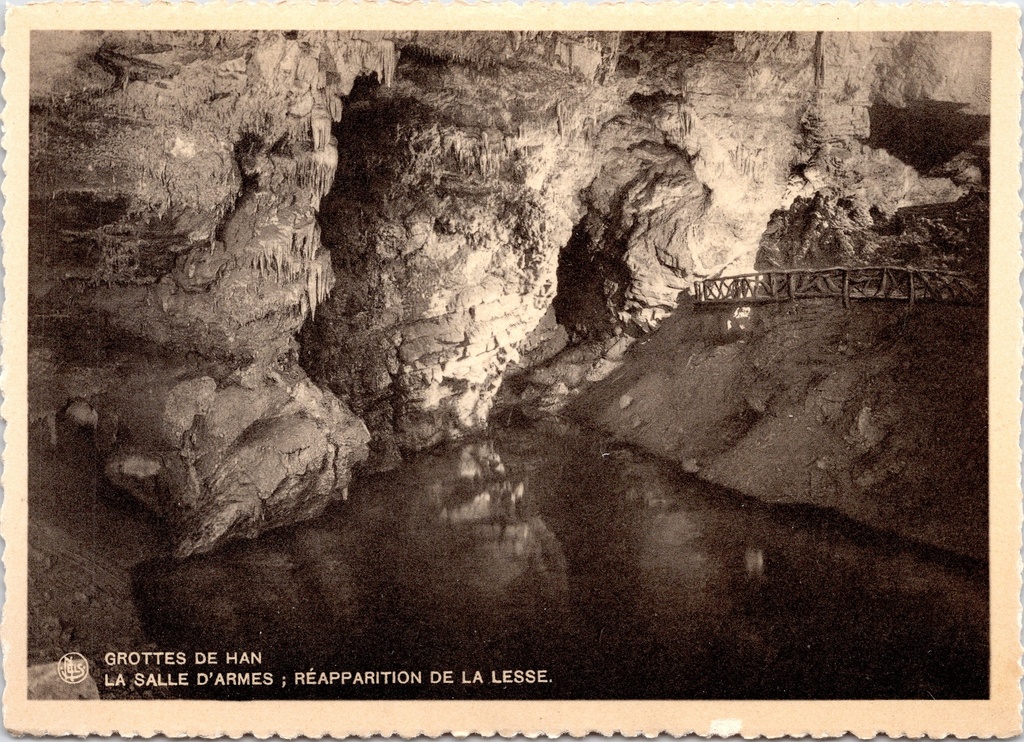 [Han-sur-lesse1267] Rochefort – ‘LA SALLE D’ARMES; RÉAPPARITION DE LA LESSE’ – Grottes de Han, armoury with the re-emergence of the Lesse