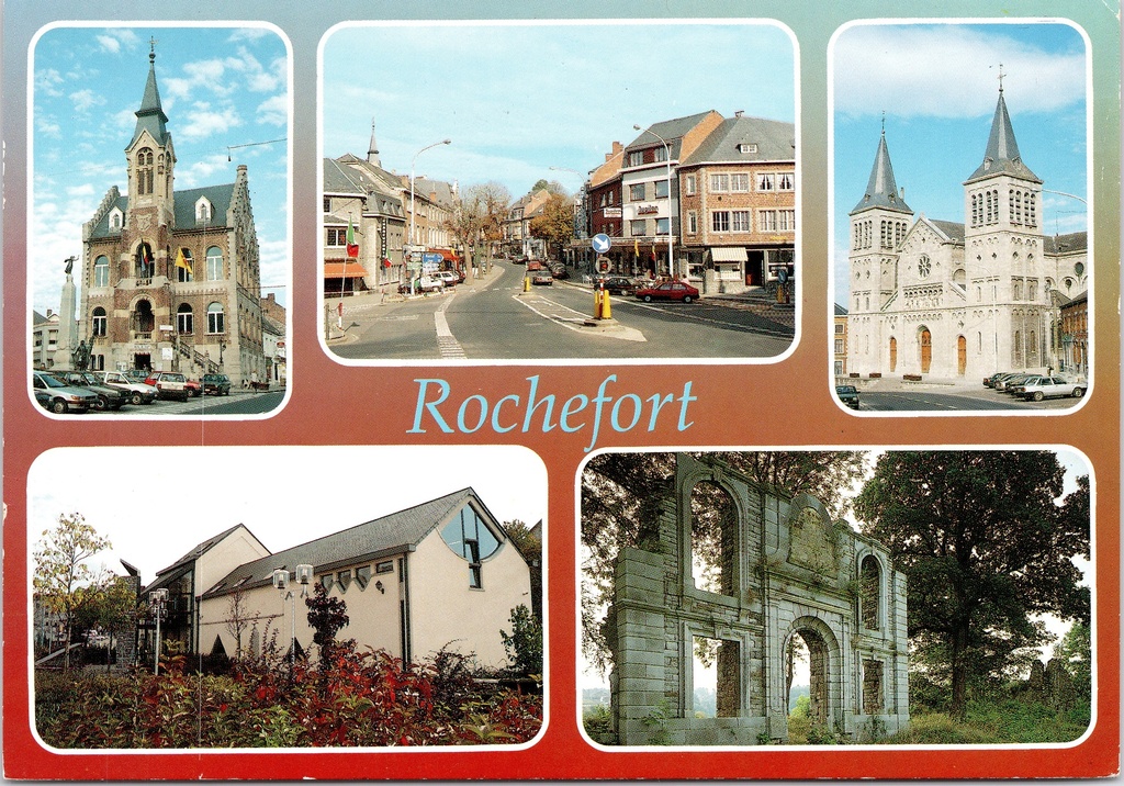 Rochefort - « Rochefort » - Plan de ville à plusieurs vues avec l'hôtel de ville, l'église, une vue de rue et des ruines