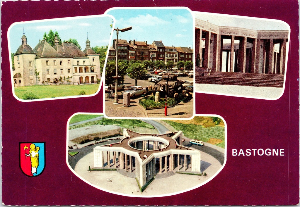 [Bastogne1467] Bastogne - "BASTOGNE" - Meervoudige weergave: château, Place McAuliffe en Mémorial du Mardasson
