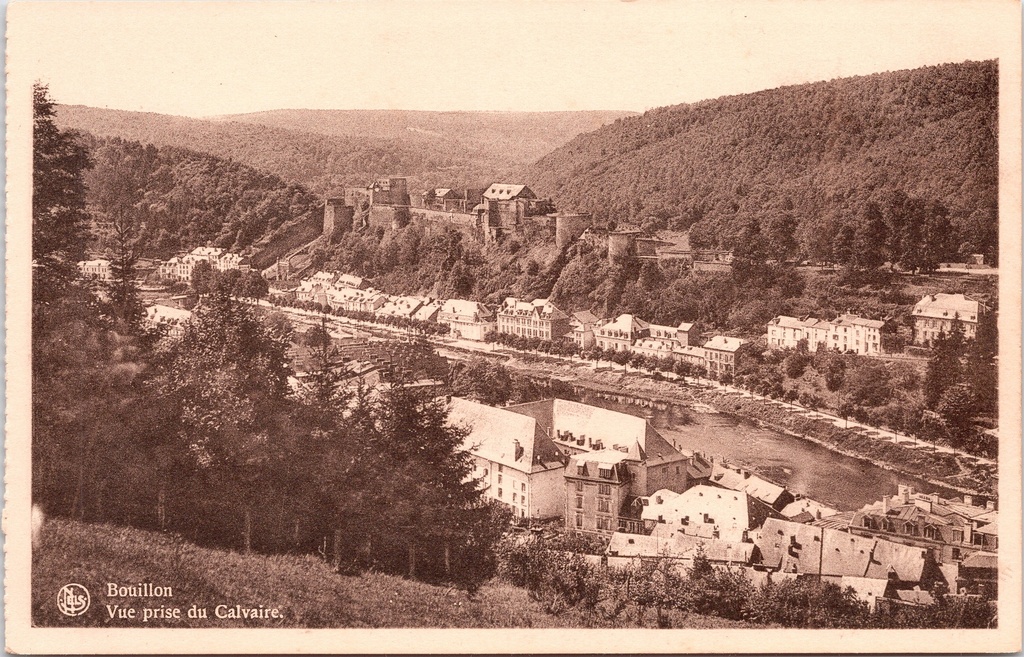 [Bouillon1495] Bouillon – “View taken from the Calvaire” – Panoramic cityscape with castle, viewed from the Calvaire