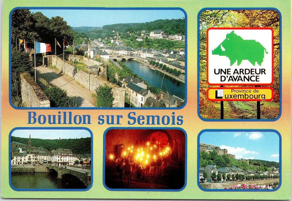 [Bouillon1561] Bouillon – “Bouillon sur Semois” – A multi-angle view of the town on the River Semois, featuring the castle and bridge