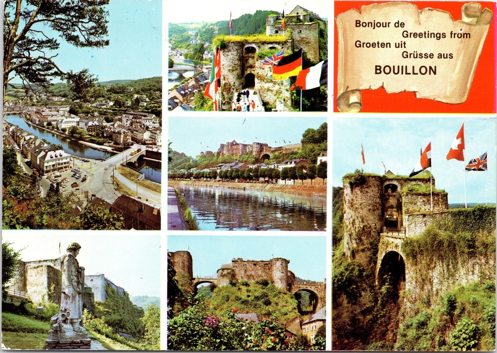 [Bouillon1575] Bouillon – “Greetings from BOUILLON” – Scenic postcard featuring the castle and the Semois Valley