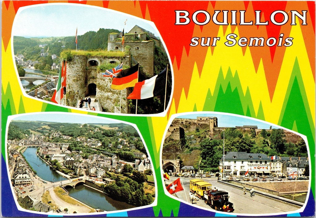 [Bouillon1587] Bouillon – “Bouillon sur Semois” – Triptych featuring a castle, a city panorama and a town square along the Semois