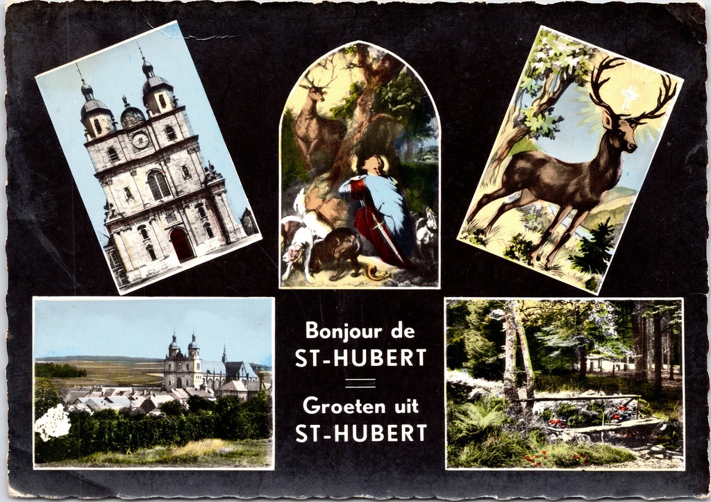 Saint-Hubert – “Bonjour de ST-HUBERT / Greetings from ST-HUBERT” – Multi-panel card featuring the basilica, a cityscape and the legend of Saint Hubert
