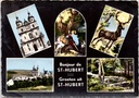 Saint-Hubert – “Bonjour de ST-HUBERT / Greetings from ST-HUBERT” – Multi-panel card featuring the basilica, a cityscape and the legend of Saint Hubert