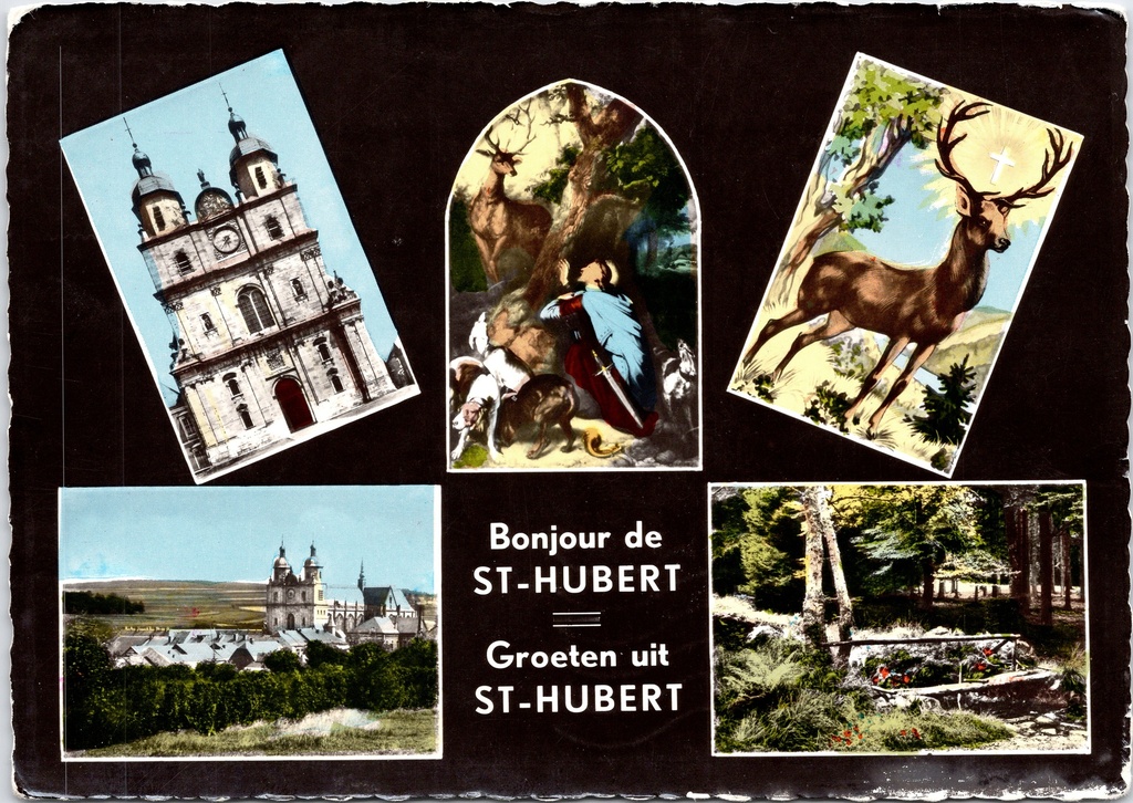 [saint-hubert1643] Saint-Hubert - « Bonjour de ST-HUBERT / Salutations de ST-HUBERT » - Carte à plusieurs volets représentant la basilique, la légende de Saint-Hubert et un cerf portant une croix