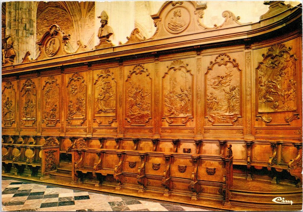 [saint-hubert1645] Saint-Hubert – “Interior of the Basilica. Chancel stalls – Life of Saint Hubert” – Chancel stalls with reliefs depicting scenes from the life of Saint Hubert