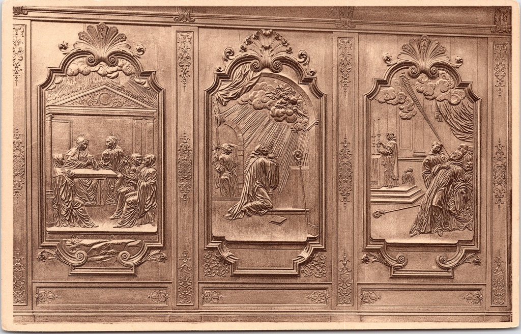 [saint-hubert1653] Saint-Hubert – “La Basilique. Dossiers des Stalles du côté Nord” – North Side Choir Stalls, 3 scenes from the life of Saint Benedict