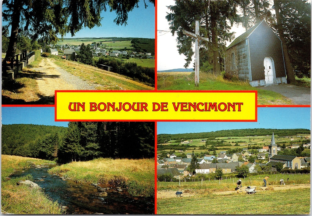 [A1693] Gedinne - "Un Bonjour de Vencimont" - Meervoudige weergave van het dorp Vencimont met landschap, kapel, beek en panorama