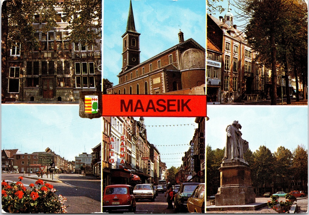 [A1721] Maaseik - "MAASEIK" - Meervoudige stadskaart met kerk, stadhuis, winkelstraat en monument