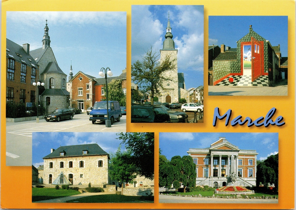 Marche-en-Famenne - "Marche" - Stadsoverzicht met kerk, stadhuis en Magritte-installatie