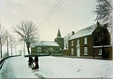 Maaseik - "O. L. Vrouw van Rust - Kerk en Pastorie" - Kerk en pastorie in winters Heppeneert met sleerijders