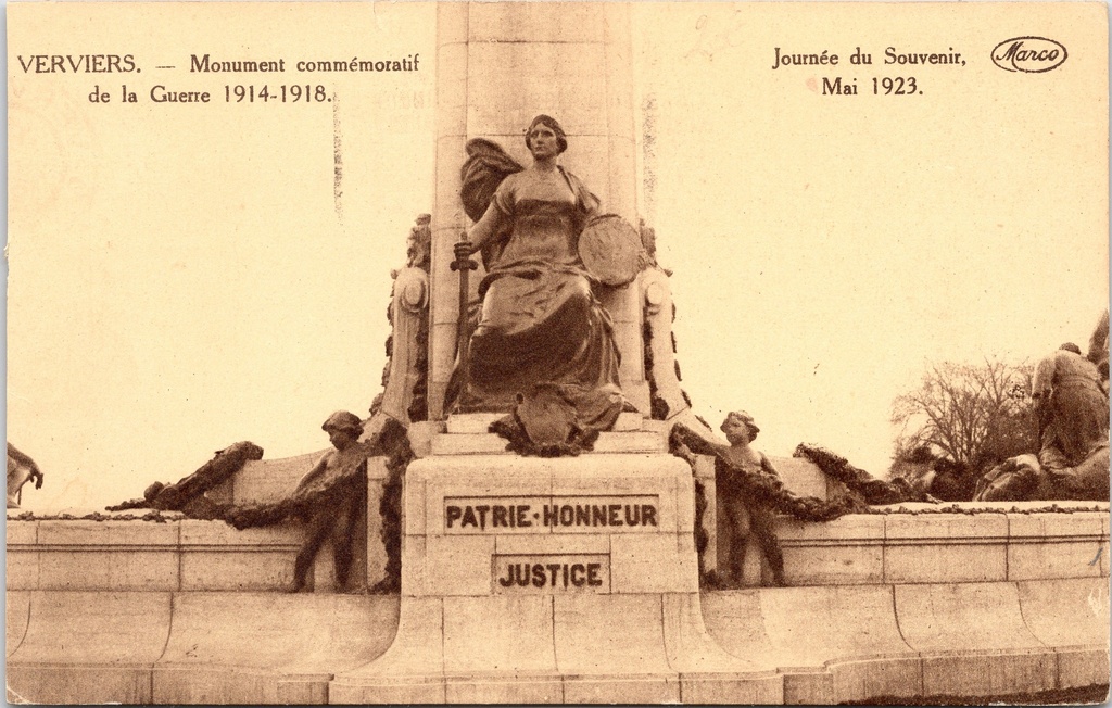 Verviers - "Monument commémoratif de la Guerre 1914-1918" - Oorlogsmonument WO1 met allegorische figuur, inscriptie Patrie Honneur Justice