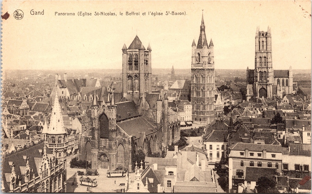Gand - « Panorama (Église Saint-Nicolas, le Beffroi et l'église Saint-Bavon) » - Panorama avec l'église Saint-Nicolas, le Beffroi et la cathédrale Saint-Bavon