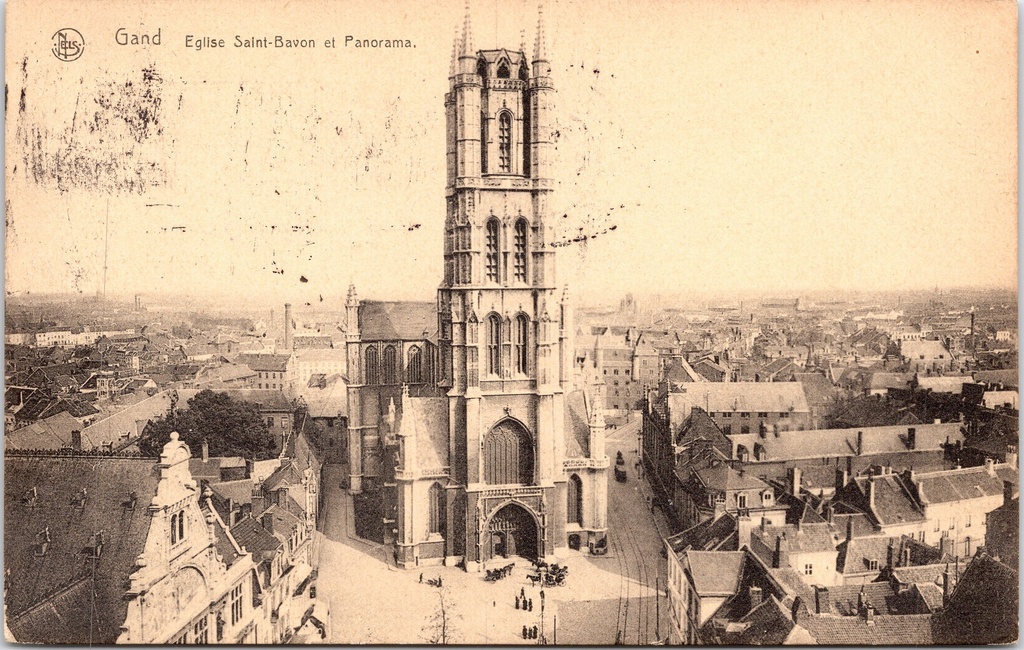 Ghent – “Eglise Saint-Bavon et Panorama” – St Bavo’s Cathedral with city panorama