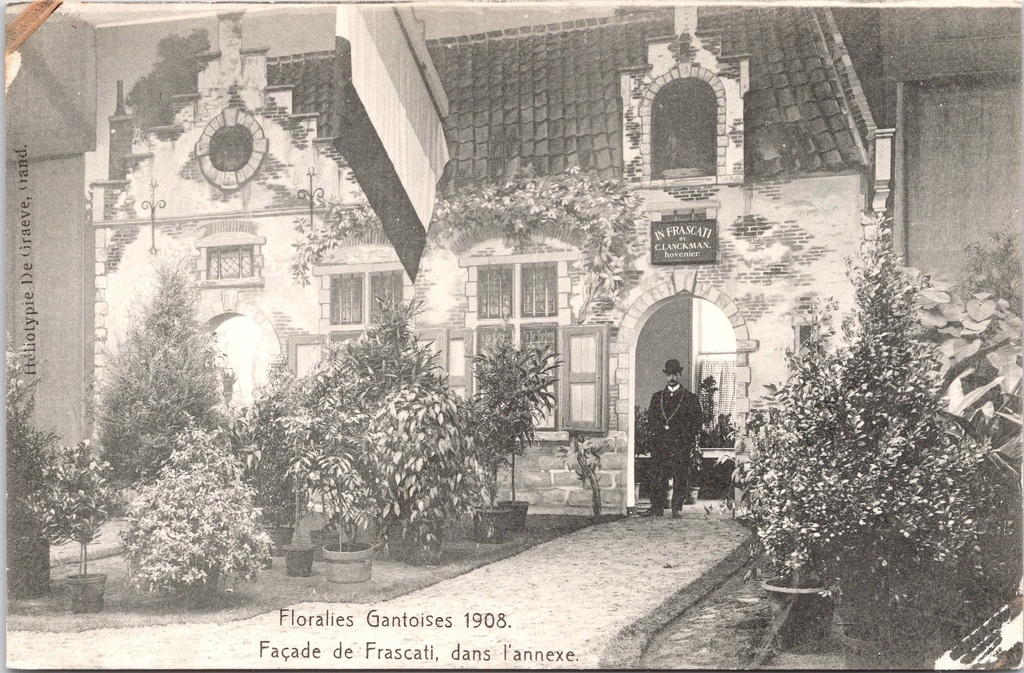 Gent - "Floralies Gantoises 1908 - Façade de Frascati, dans l'annexe" - Gents Bloemenfestival 1908, gevel van het Frascati-paviljoen