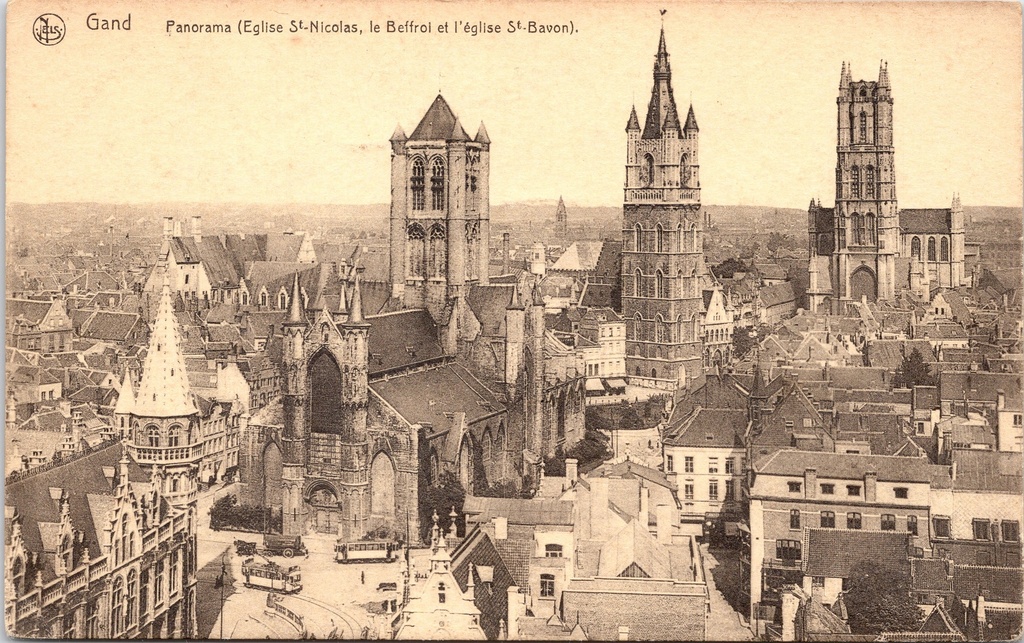 Gand - « Panorama (Église Saint-Nicolas, le Beffroi et l'église Saint-Bavon) » - Panorama de la ville avec l'église Saint-Nicolas, le Beffroi et la cathédrale Saint-Bavon