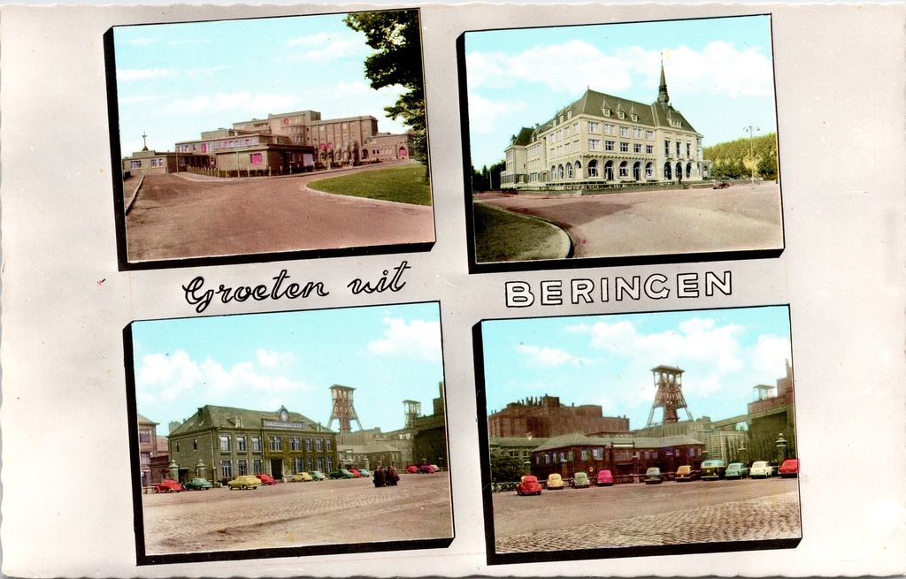 [I2449] Beringen – “Greetings from Beringen” – Multi-panel map featuring mining buildings and the town hall