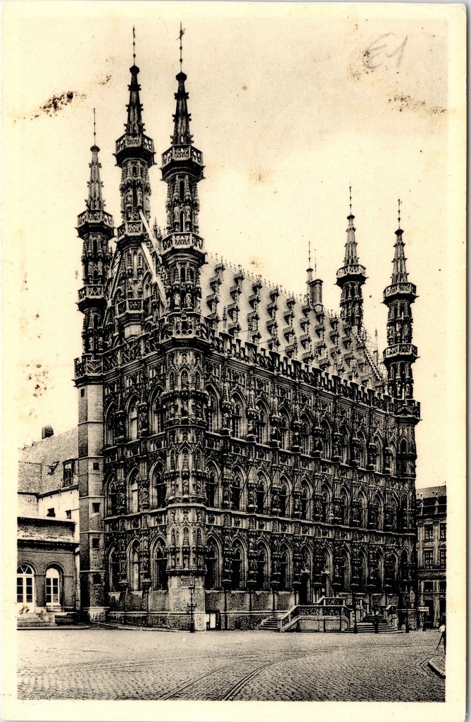 Leuven - "Stadhuis / Hôtel de Ville" - Stadhuis van Leuven, gravure-stijl illustratie