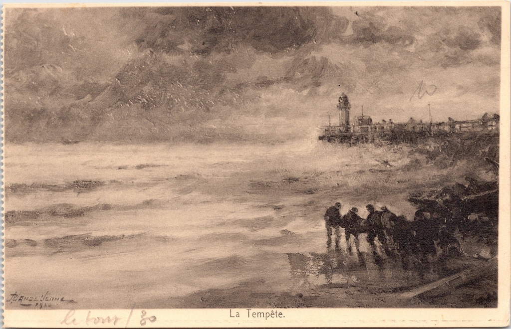 [J001 (57)] Belgian coast – “La Tempête” – Stormy seascape with figures on the beach, after a painting by Hendschenne