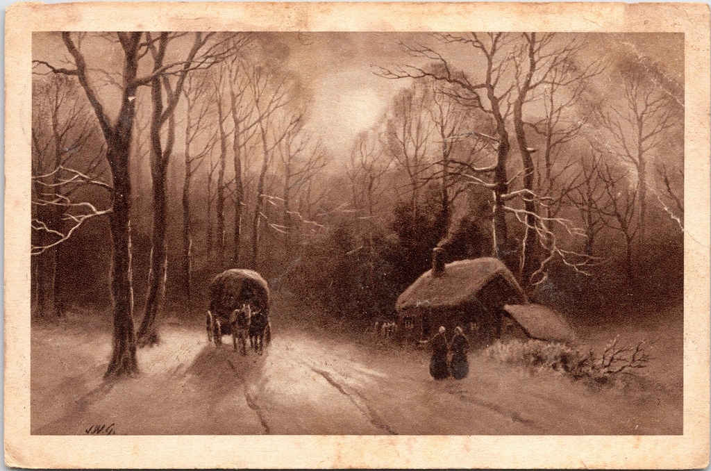 Bruges - "" - Romantic winter landscape with a horse-and-carriage and a farmhouse