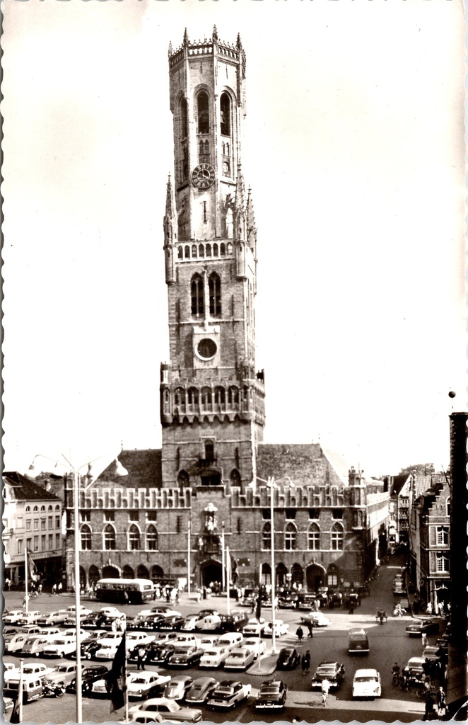 Bruges – “The Belfry” – The Belfry of Bruges with surrounding buildings and market