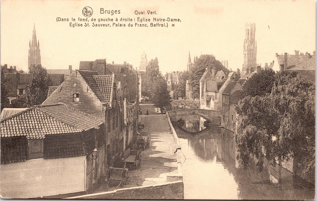 Brugge - "Quai Vert" - Groene Rei met zicht op Notre-Dame, Sint-Salvatorskathedraal, Paleis van het Brugse Vrije en Belfort
