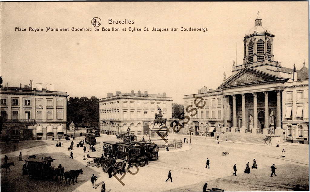 Brussels - "Place Royale (Monument Godefroid de Bouillon et Eglise St. Jacques sur Coudenberg)" - Place Royale with equestrian statue and church
