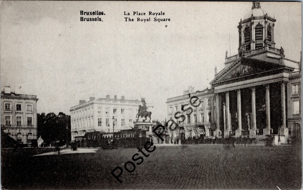 Brussels - "La Place Royale" - Place Royale with St James's church and statue of Godfrey of Bouillon