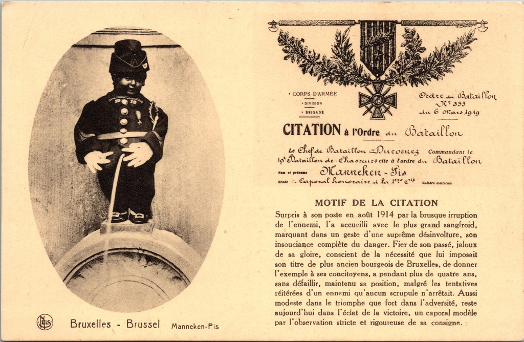 Brussel - "Manneken-Pis" - Militaire erecitatie met beeld van het bekende standbeeld