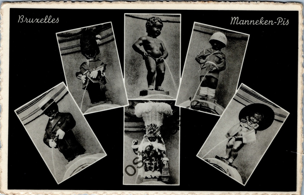 Brussel - "Manneken-Pis" - Meerbeeldkaart met verschillende klederdrachten van het bekende standbeeld